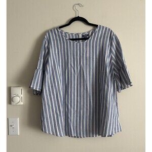 NWT NEW Izod Womens XXL‎ Linen Shirt Striped Ruffle Sleeve Nautical Summer Blue